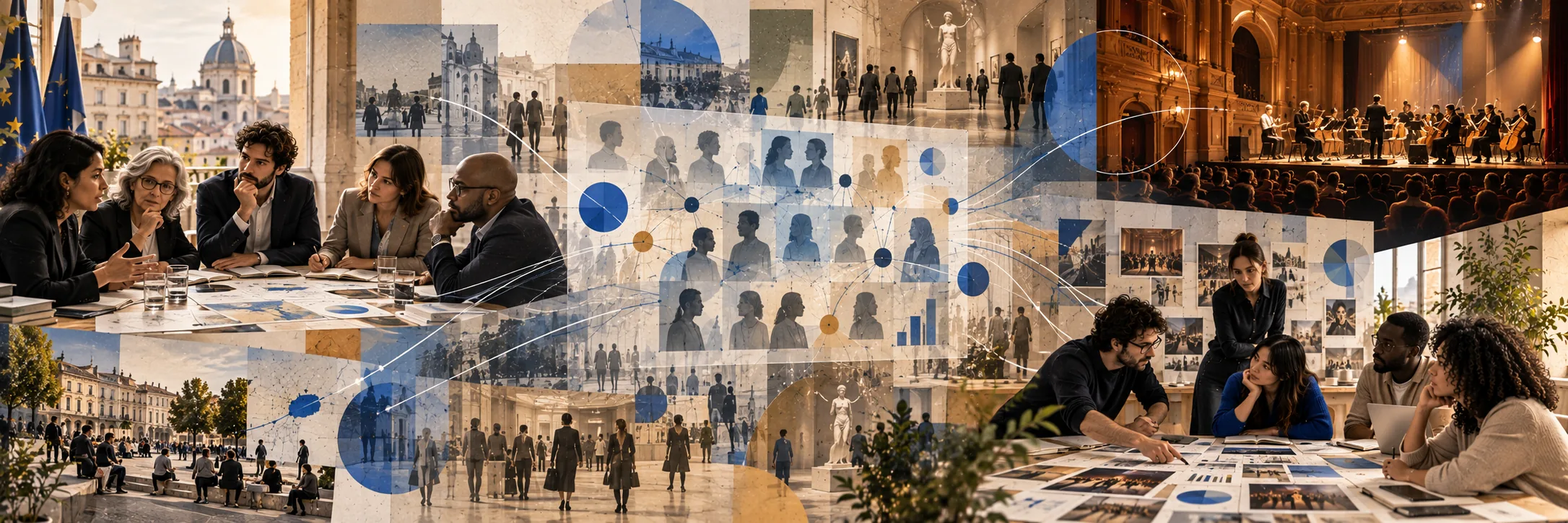 Une table ronde citoyenne, un réseau de silhouettes de portraits bleutés et une salle de concert chaleureuse sont superposés en un seul collage et reliés par des fils bleus, une équipe examinant des photographies autour d'une table à droite.