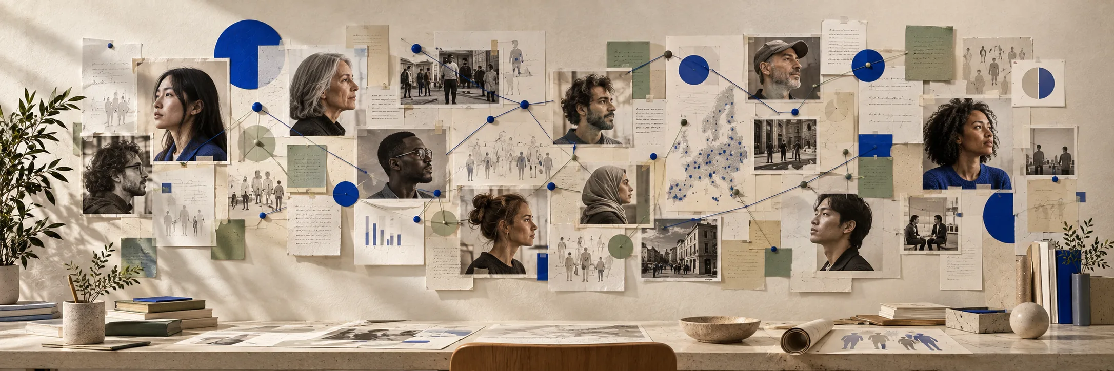 A studio wall of pinned portraits of eleven people, handwritten notes and street scenes, threaded together by blue lines and cobalt dots around a dotted map.