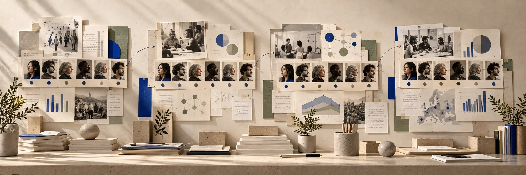 Vier datierte Studienzyklen verlaufen von links nach rechts an einer Wand; jeder wiederholt dieselbe Reihe von sechs Zielgruppenporträts zwischen Diagrammen, Karten und Fotos, verbunden durch blaue Pfeile.