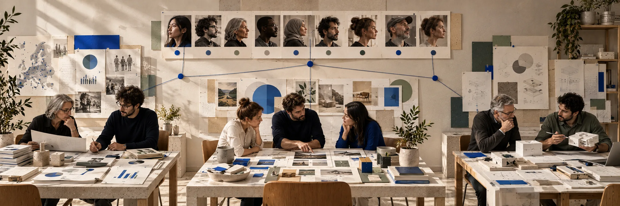 Tre team lavorano a tre tavoli separati in un unico studio; sopra di loro una fila di nove pannelli con ritratti e punti colorati è collegata da linee blu che convergono in un unico nodo condiviso.