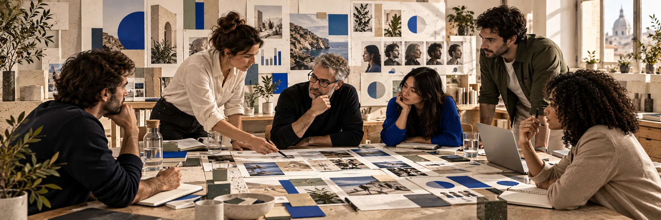 Five colleagues compare printed campaign and concept layouts, coastal photographs and blue circular graphics across a table, with audience portrait cut-outs and reference photographs on the wall behind.