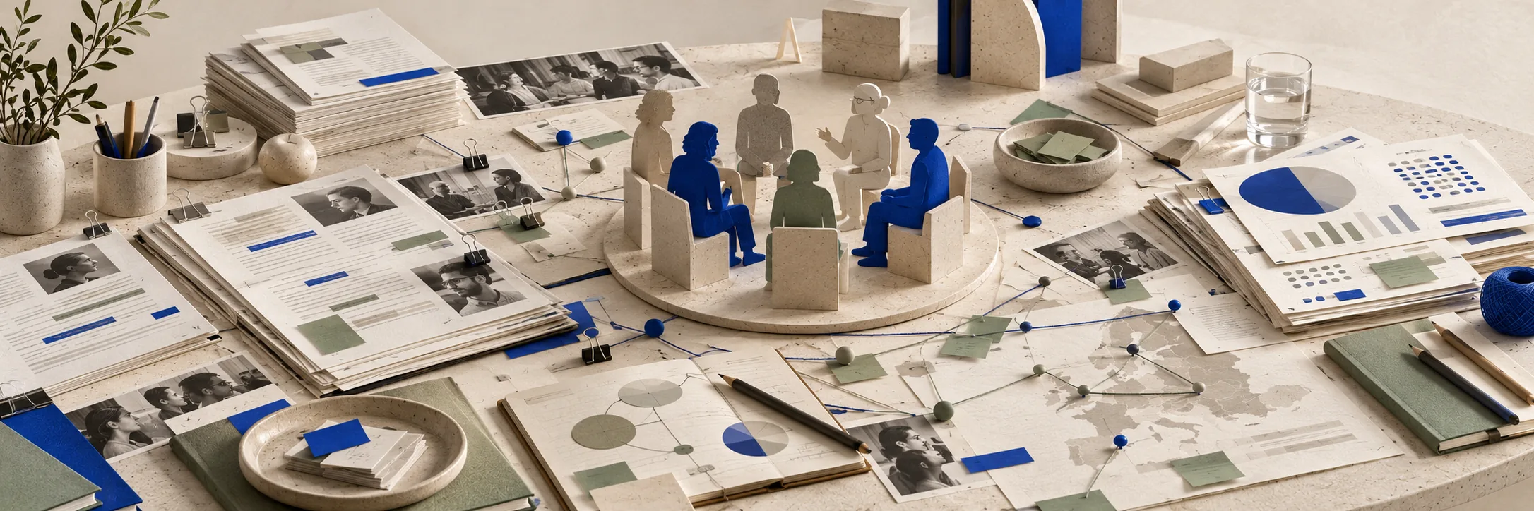 Blick von oben auf einen Schreibtisch mit kommentierten Transkripten, angehefteten Fotos und einer per Stecknadeln verbundenen Fadenkarte; in der Mitte deliberieren sechs kleine sitzende Figuren in Blau, Salbeigrün und Creme auf einer runden Plattform.