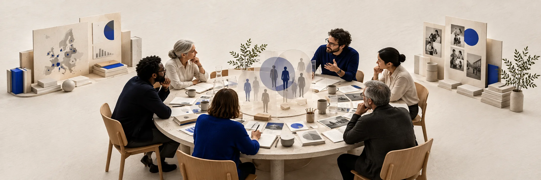 Sei persone deliberano attorno a un tavolo rotondo in uno studio caldo mentre dal centro si alza un pannello blu semitrasparente di silhouette umane in piedi; ai lati si trovano una mappa segnata, grafici e fotografie appuntate.