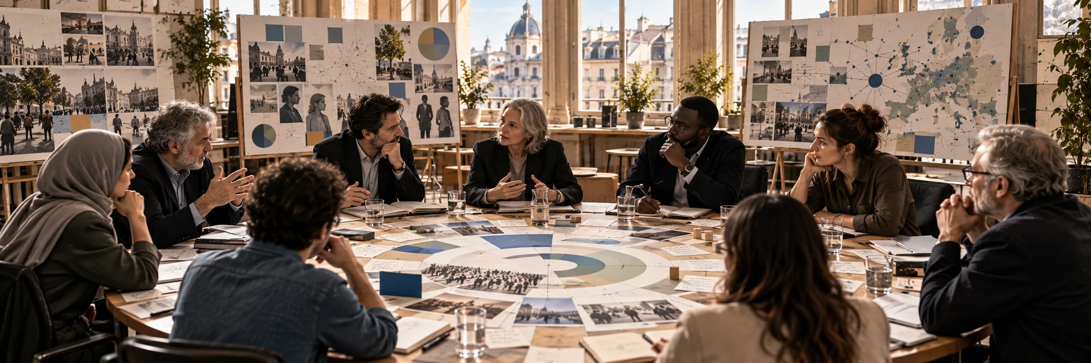 Ten people deliberate around a long round table in a bright civic hall, covered with printed charts, street-scene photographs and notepads; boards behind them carry a segmented circle chart and a network map over a dotted regional map.