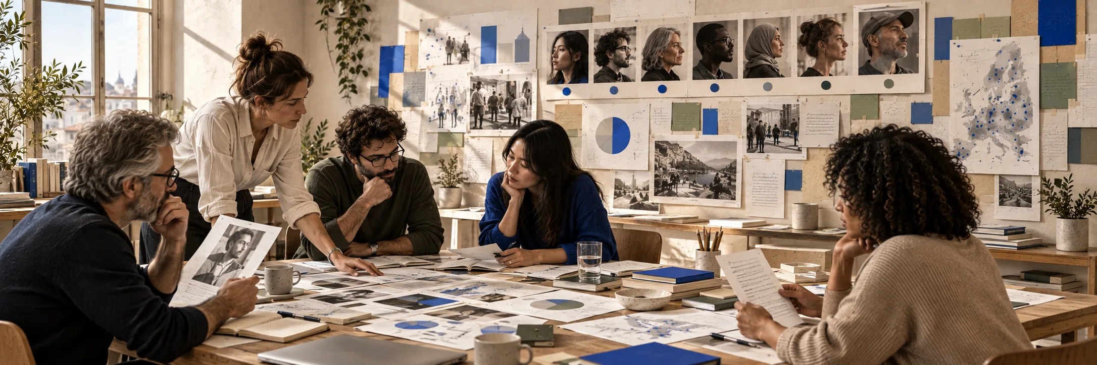 Five researchers review open books, printed charts and interview photographs around a long table, with a wall of audience portraits and a dotted regional map behind them.