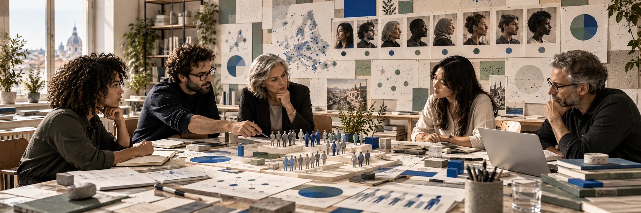Ein technisches Prüfteam aus fünf Personen untersucht ein gestuftes Modell mit Reihen kleiner stehender Figuren in Creme, Blau und Salbeigrün; an der Wand dahinter hängen Besucherporträts, Netzwerkdiagramme und ein segmentiertes Kreisdiagramm.